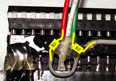 Resistors are about 100 kΩ. Please note that green and red wires are also connected to their corresponding flash chip's chip select signal